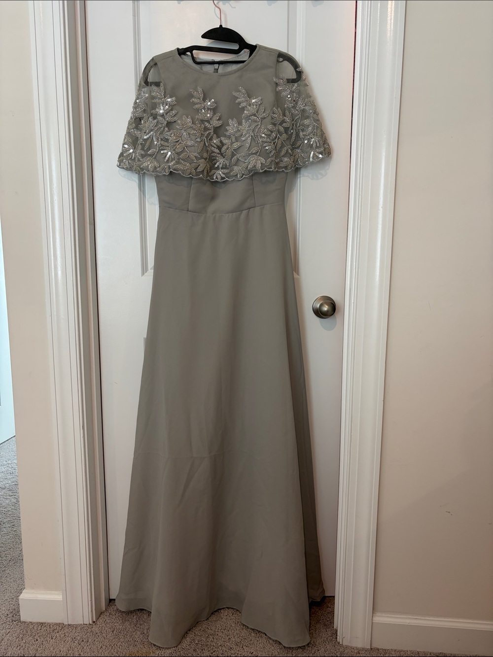 Embroidered Cape Maxi Dress in Silver-Gray